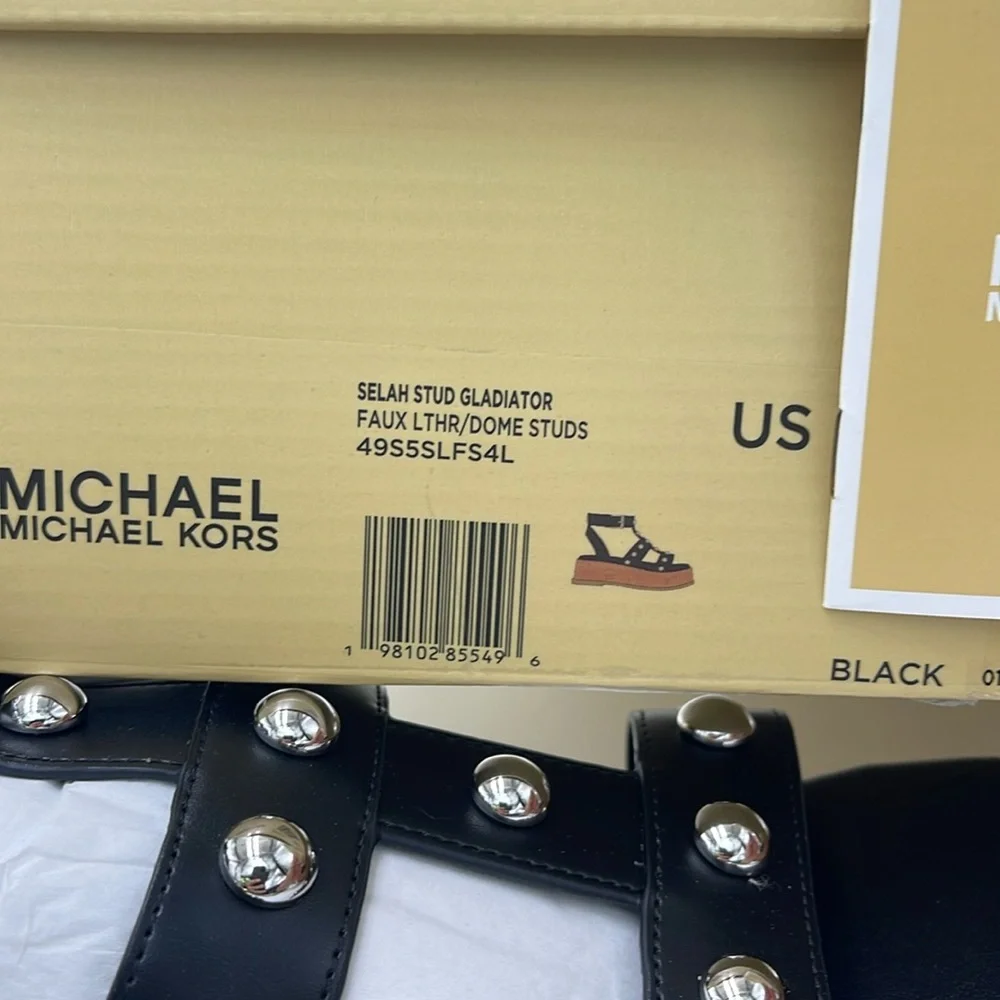 MICHAEL KORS Selah Studded Platform Gladiator Silver Studded Sandal Black New